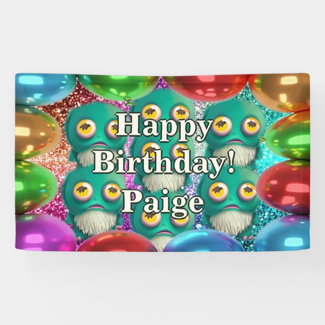 Lona Estandarte de cumpleaños personalizado de Monsters (Horizontal)