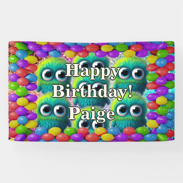 Lona Estandarte de cumpleaños personalizado de Monsters (Horizontal)