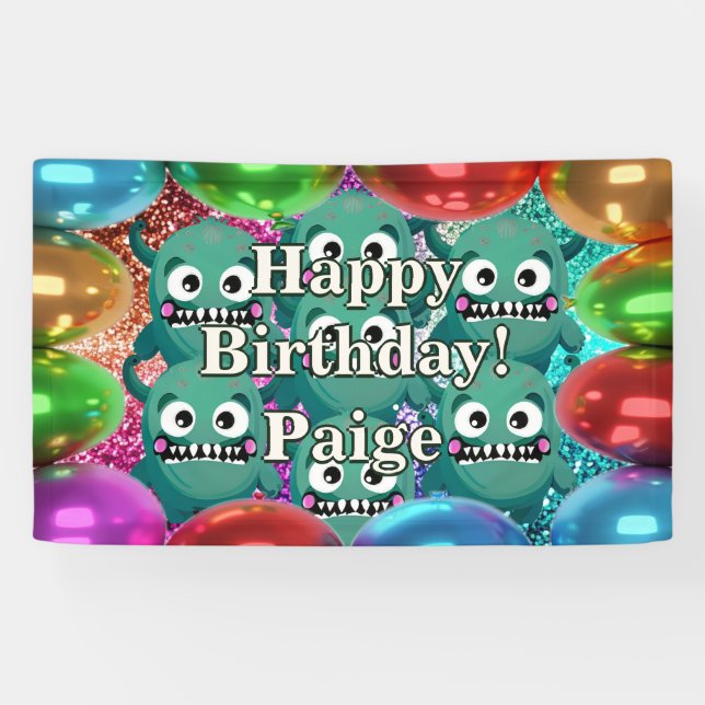 Lona Estandarte de cumpleaños personalizado de Monsters (Horizontal)