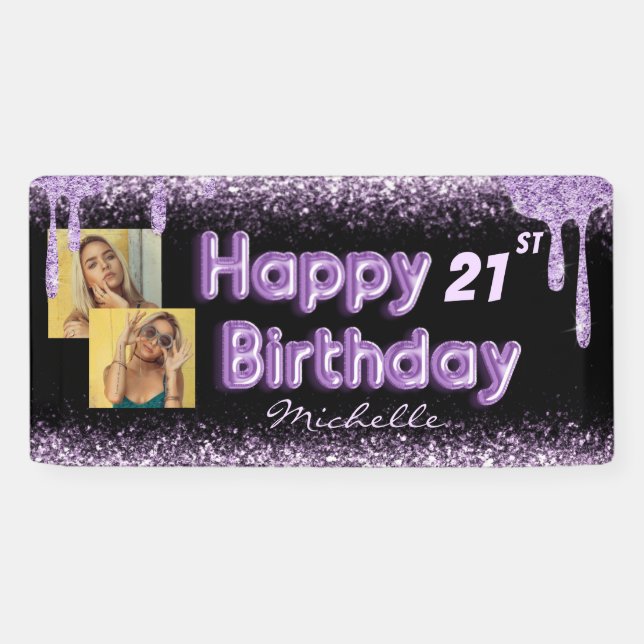 Lona Estandarte de cumpleaños purpurina negro y morado  (Horizontal)