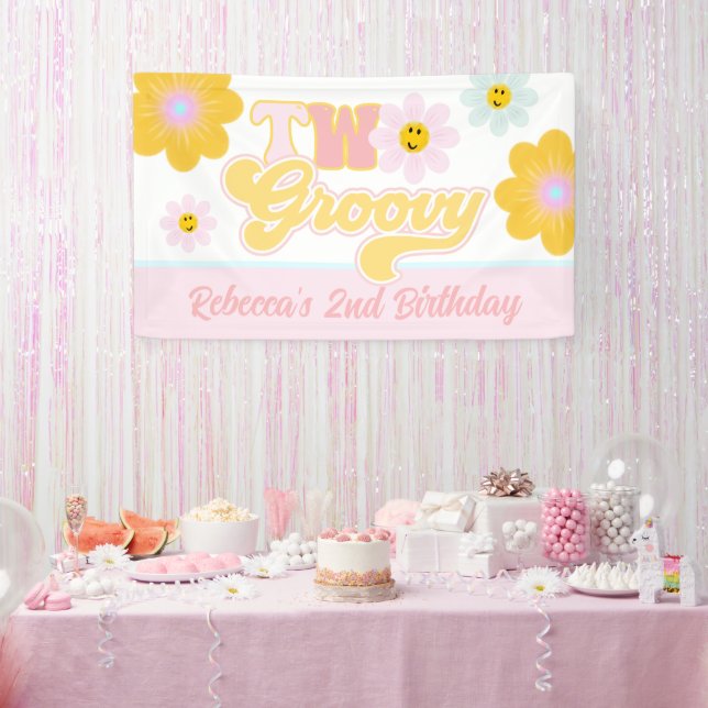 Lona Estandarte de cumpleaños Retro Daisy Two Groovy (Fiesta)