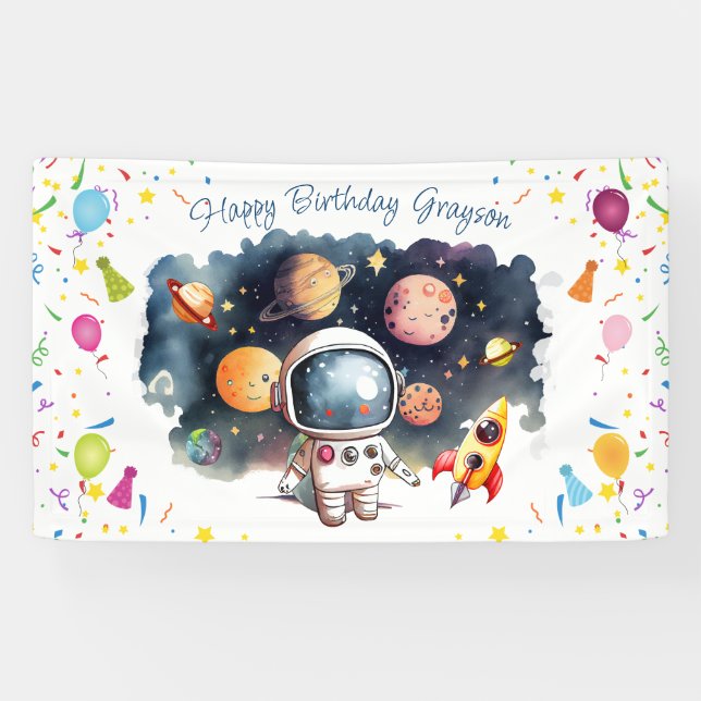 Lona Estandarte de Feliz Cumpleaños Astronauta Espacio  (Horizontal)