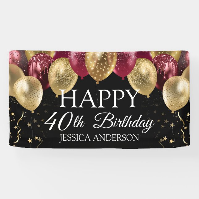 Lona Estandarte de fiesta de cumpleaños granate dorado (Horizontal)