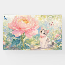 Lona Estandarte de gatito con peonía florecida