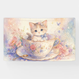 Lona Estandarte de gatito en taza de té floral