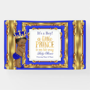 Lona Estandarte Príncipe Baby Shower Azul Real Oro Étni