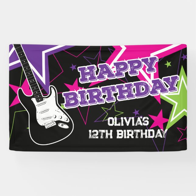 Lona Estrella de rock cumpleaños Guitarra Stars Pink Pu (Horizontal)