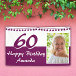 Lona Estrella morada de Bunting Foto 60th Birthday Part<br><div class="desc">Pancarta de la fiesta de cumpleaños número 60 de la Estrella de Bunting Purpurina Púrpura. Cambie el nombre y la foto en el cartel.</div>