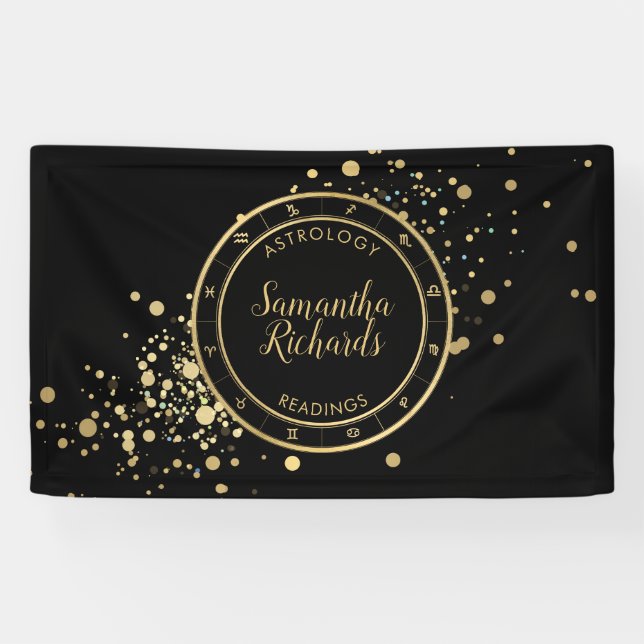 Lona Estrellas de oro de la astrología de Zodiac negro (Horizontal)