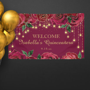 Lona Estrellas de Oro Rosa Roja Bienvenida Quinceañera