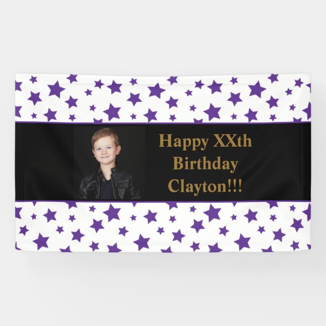 Lona Estrellas moradas con cartel de cumpleaños con fot (Horizontal)