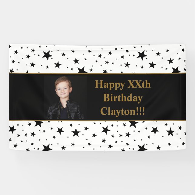 Lona Estrellas negras con cartel de cumpleaños con foto (Horizontal)