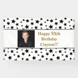 Lona Estrellas negras con cartel de cumpleaños con foto