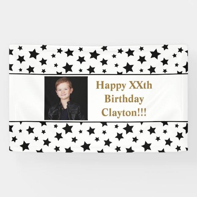 Lona Estrellas negras con cartel de cumpleaños con foto (Horizontal)