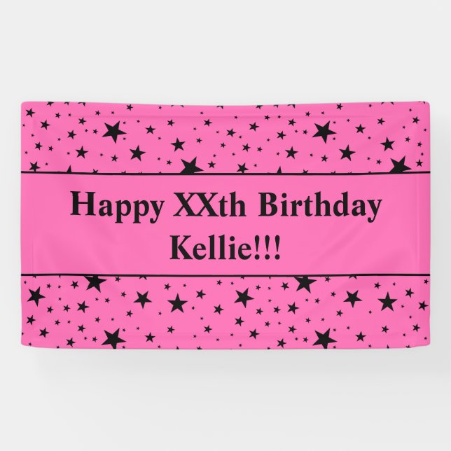 Lona Estrellas Negras Con Mensaje En Cumpleaños Rosa (Horizontal)