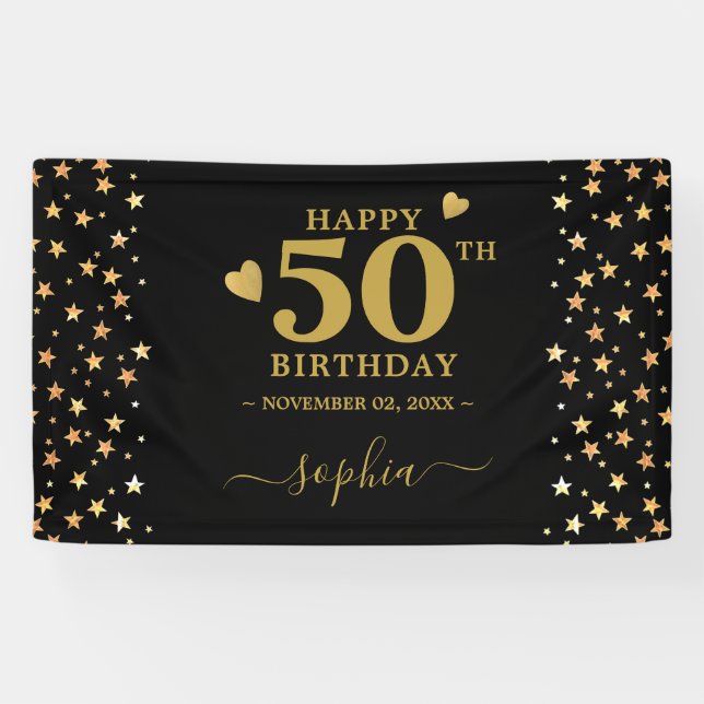 Lona Estrellas personalizadas Black And Gold 50th Birth (Horizontal)