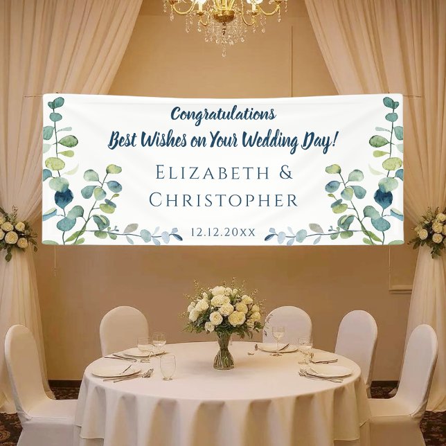 Lona Eucalyptus Felicitaciones Boda casado (Elegant wedding banner with romantic script, soft florals, and custom names set on a white backgroun)