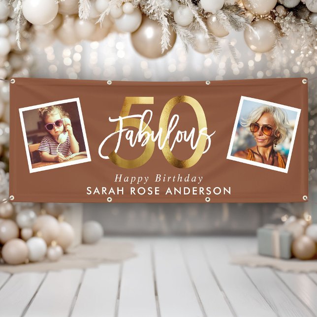Lona Fabulous 50th Happy Birthday Photo Terracotta Gold (Subido por el creador)