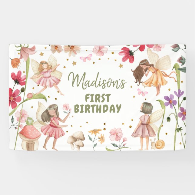 Lona Fairy Birthday 1ᵉʳ Chica Bosque Encantado Fondo (Horizontal)