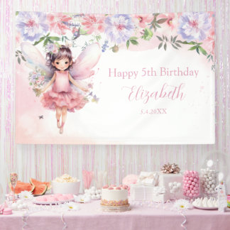 Lona Fairy pink forest Happy Birthday backdrop banner