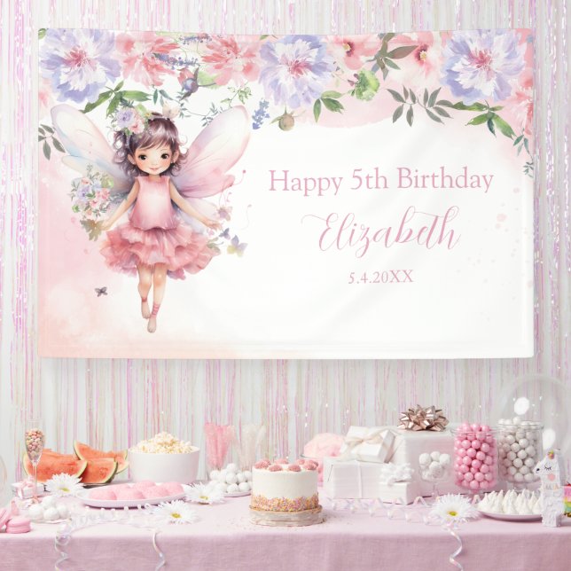 Lona Fairy pink forest Happy Birthday  backdrop banner (Fiesta)