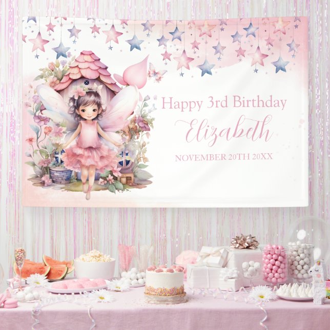 Lona Fairy pink forest Happy Birthday  backdrop banner (Fiesta)