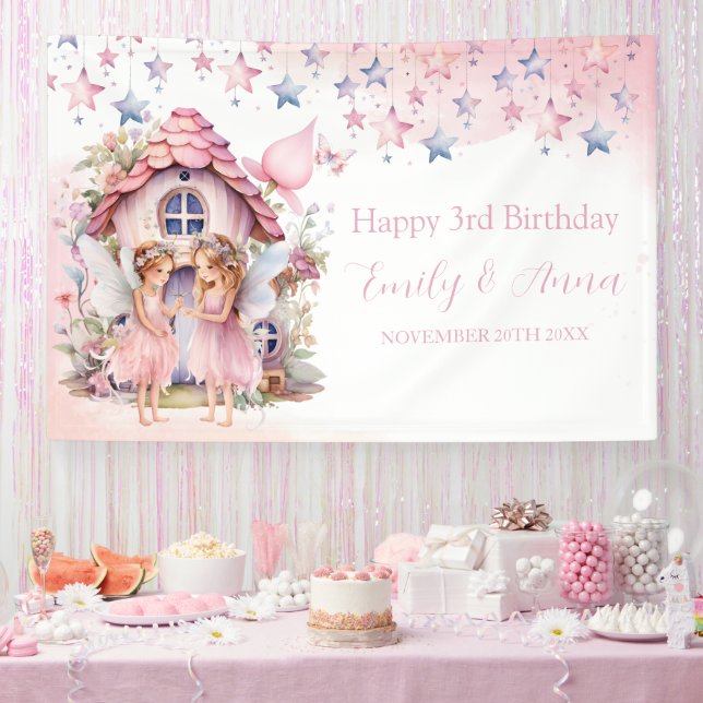Lona Fairy pink forest Happy Birthday  backdrop banner (Fiesta)
