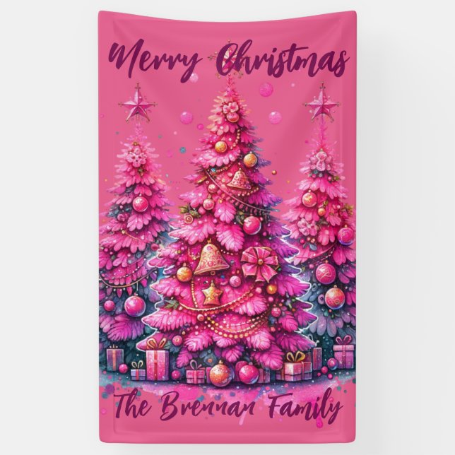 Lona Familia personalizada de árbol de Navidad rosa (Vertical)