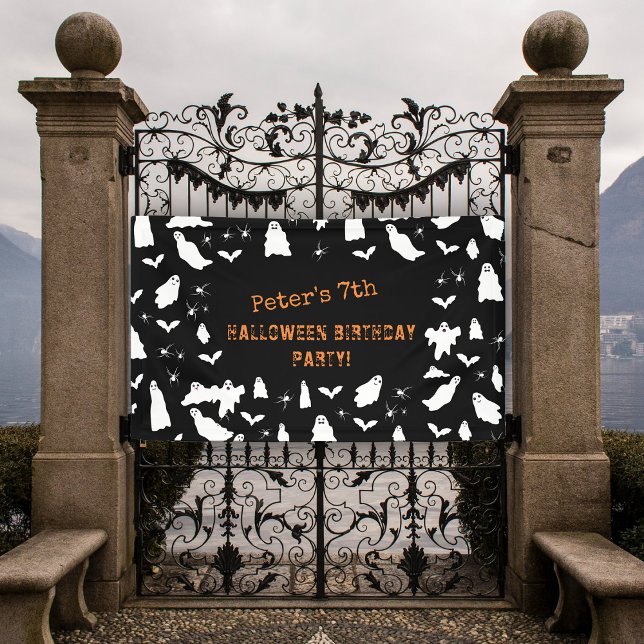 Lona Fantasma, Bats & Spiders Halloween Cumpleaños (Cute Ghost, Bats & Spiders Halloween Birthday Banner)