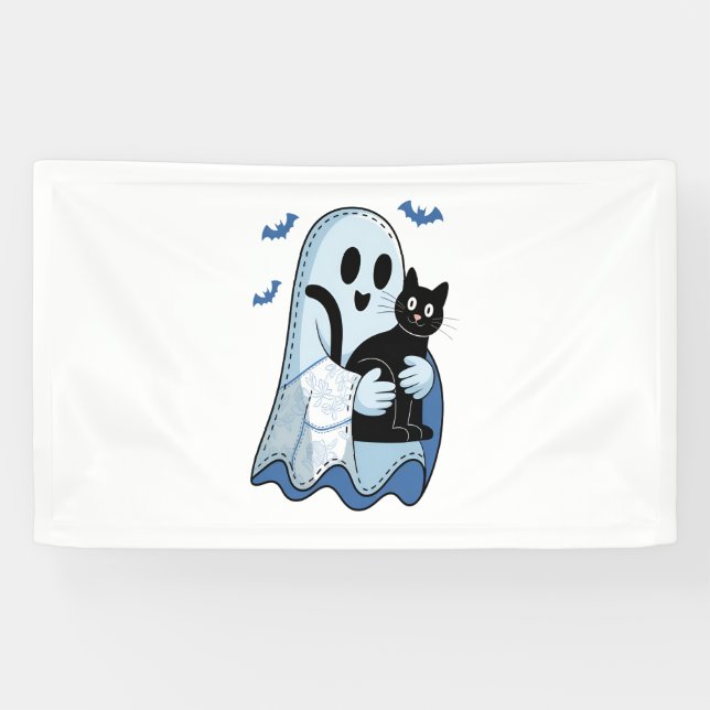 Lona Fantasma de Denim Azul y Gato de Halloween (Horizontal)