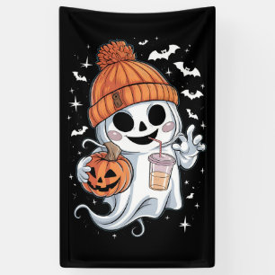 Lona Fantasma Lindo Bebiendo Café Halloween Café Helado