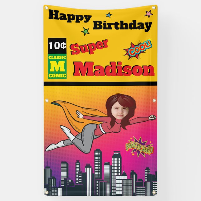 Lona Fantástica superheroína foto de cumpleaños Chica p (Vertical)