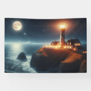 Lona Faro náutico/costero por la noche con luna