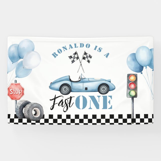 Lona Fast One Blue Race Car Boy 1er cumpleaños Foto (Horizontal)