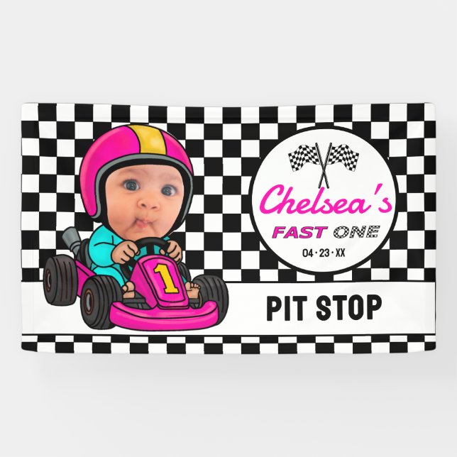 Lona Fast ONE | Pink Race Car Driver Pit Stop Birthday (Horizontal)