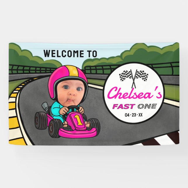 Lona Fast ONE | Pink Race Car Driver Welcome Birthday (Horizontal)