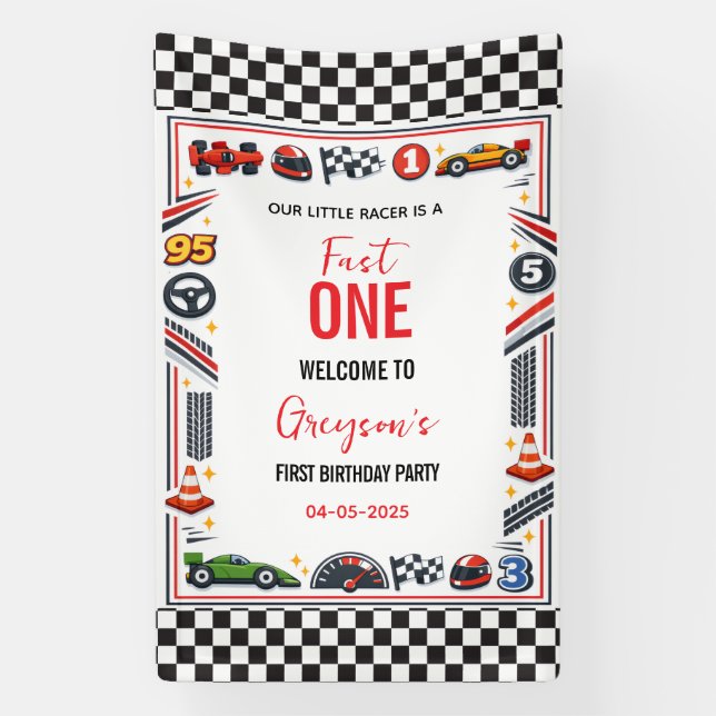 Lona Fast One Race Car Boy 1st Birthday Party (Vertical)