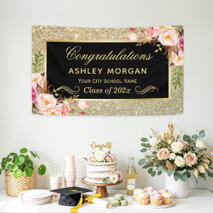 Lona Faux Gold Purpurina Pink Floral Graduation Party
