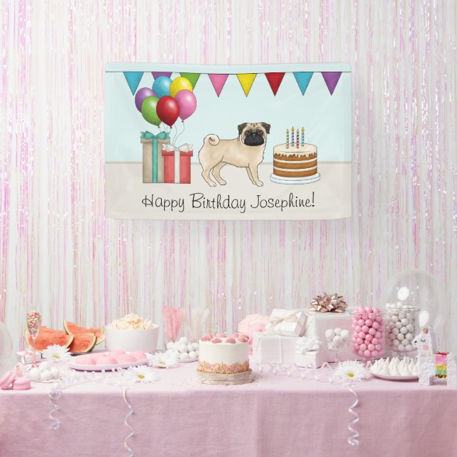 Lona Fawn Pug Cute Cartog Perro colorido Feliz cumpleañ (Fiesta)