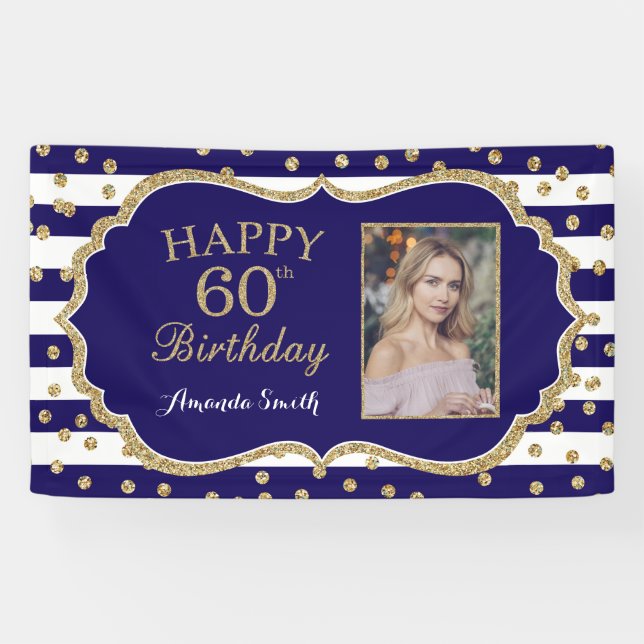 Lona Felices 60 años Banner Navy Blue Gold Photo (Horizontal)