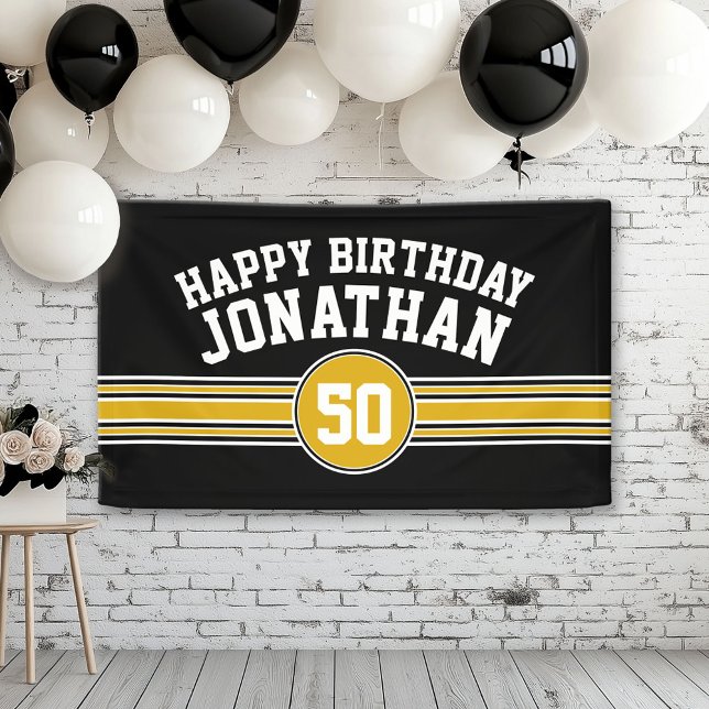 Lona Felices bandas deportivas de cumpleaños con oro ne (Custom Birthday Banner)