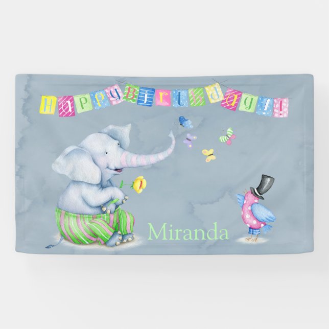 Lona Felices cumpleaños Cute Elephant Bird Butterfly Ki (Horizontal)
