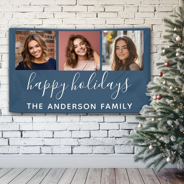 Lona Felices Fiestas 3 Fotos - Puede CAMBIAR color navy (Custom Christmas Holiday Banner)
