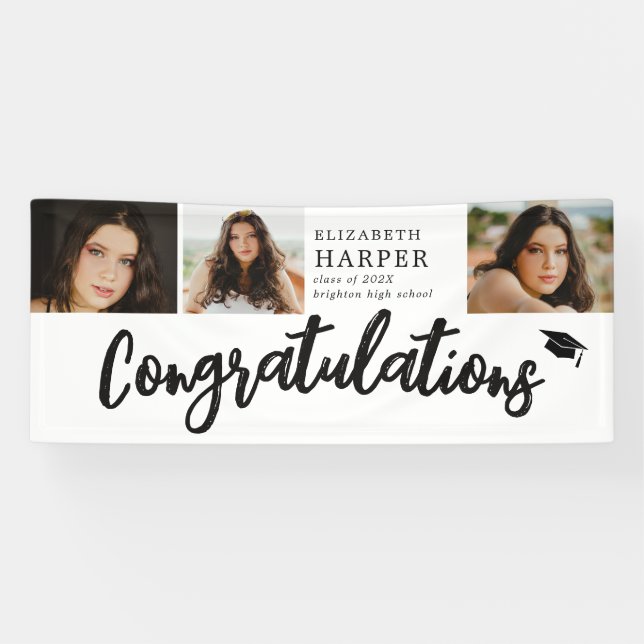 Lona Felicidades Brush Script 3 Foto Graduación (Horizontal)