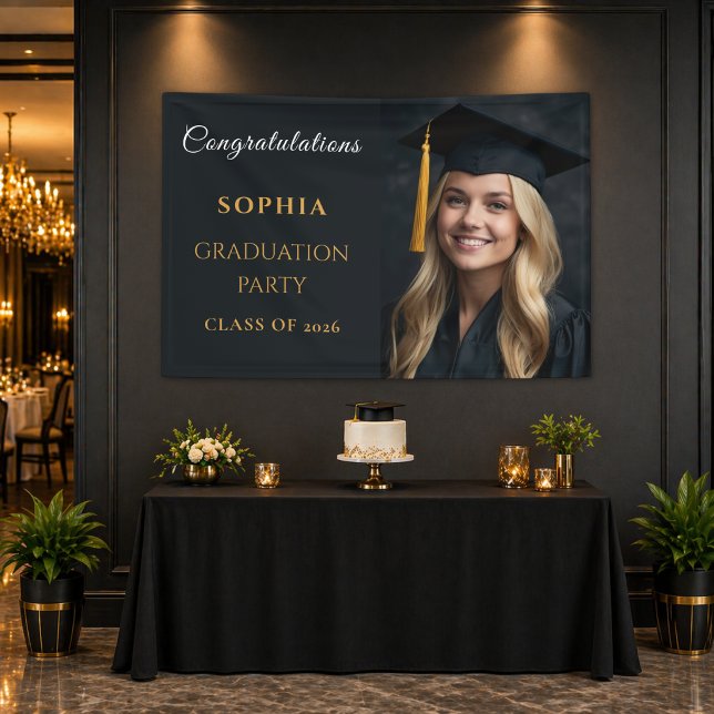 Lona Felicidades Clase Graduada 2026 (Elegant graduation party banner with photo layout for a modern class of 2026 celebration)