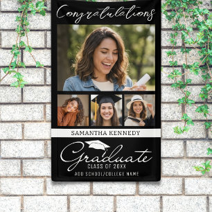 Lona Felicidades de graduación con collage de 4 fotos n
