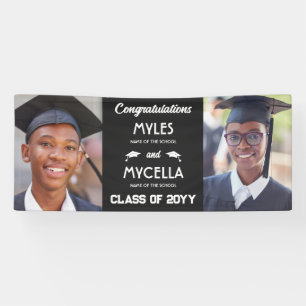 Lona Felicidades Gemelos Graduados 2 Fotos Negros