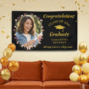 Lona Felicidades Graduación Foto Floral Negro y Dorado