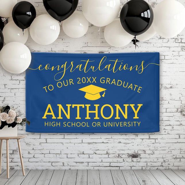 Lona Felicidades Graduado - Graduado en azul marino dor (Custom Graduation Banner for a Grad Party or Open House)