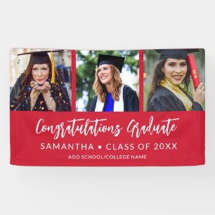 Lona Felicidades por graduación moderna roja con 3 foto